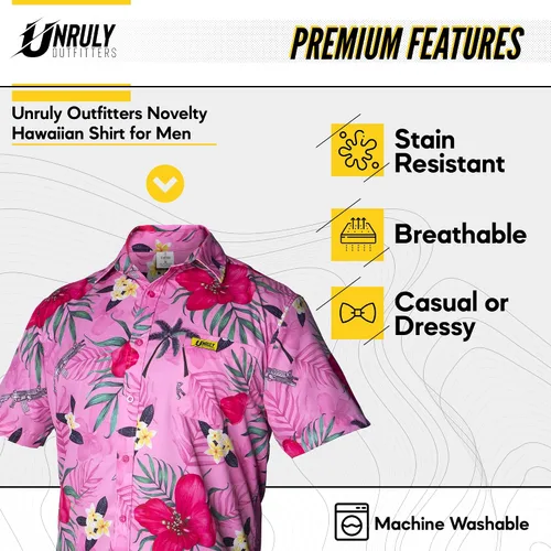 Vista 2 de Unruly Outfitters - Camisa hawaiana novedosa para hombre, rifles M4 y flores para el trabajo, fiesta, barbacoa
