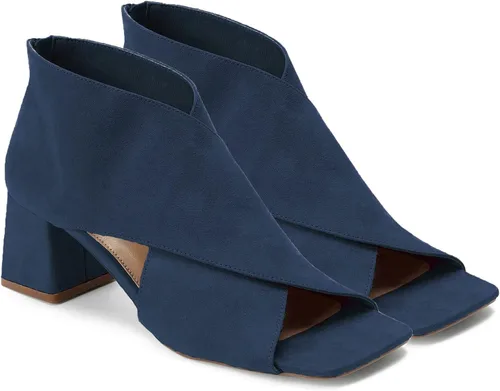 Vista 4 de LEHOOR Botines de tacón grueso para mujer, con puntera abierta, de gamuza, con corte lateral, puntera abierta, cuadrada, de 2 pulgadas, tacón medio