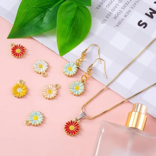 Vista 2 de Joez Wonderful 50 dijes de girasol para hacer joyas, colgantes de flores coloridas, dijes de flores para mujer, suministros de joyería de aleación