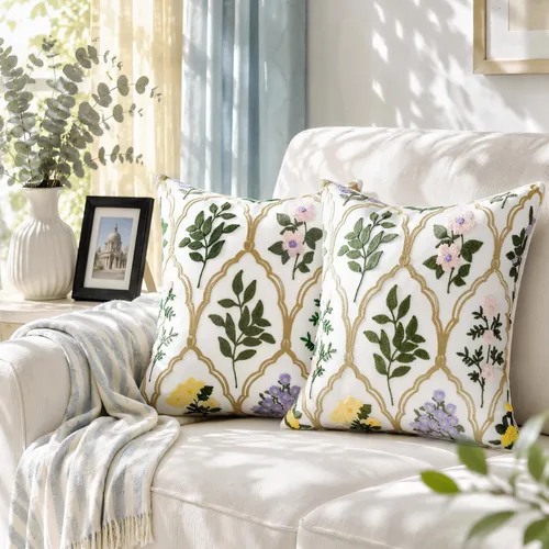 Vista 23 de Alysheer Fundas de almohada decorativas bordadas florales de primavera de 18" x 18", juego de 2, fundas de cojín de algodón con patrón acolchado