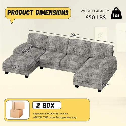 Vista 2 de JUMMICO Sofás Seccionales para Sala de Estar, Sofá en Forma de U con Tela de Chenilla, Sofá Moderno de 4 Asientos con Almohadas Removibles para Gris