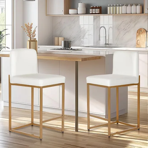 Vista 25 de Juego de 2 taburetes de bar de altura de mostrador de color blanco cremoso de 24 pulgadas, modernos taburetes de bar dorados con respaldo tapizado