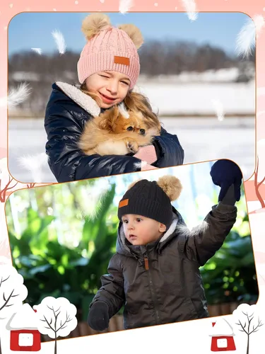 Vista 5 de SATINIOR Juego de 3 guantes de gorro para niños pequeños, sombreros de invierno cálidos de punto con lazo para bebés niñas niños de 0 a 6 años