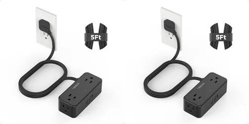 Vista 12 de Cable de extensión plano de 5 pies, TESSAN Regleta de protección contra sobretensiones con 4 tomas de CA ampliamente espaciadas, protección contra