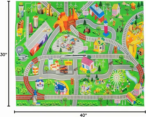 Vista 3 de Alfombra de juego infantil de doble cara con trenes, coches, carreteras, ciudad