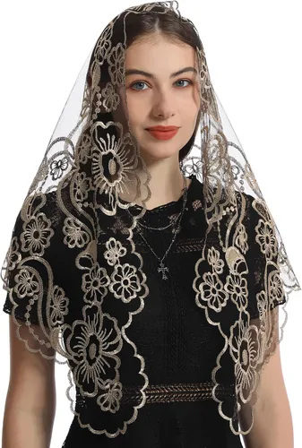 Vista 2 de Bozidol Cubierta triangular para cabeza de iglesia - Velo bordado Madonna Camellia Capilla Veil para mujer