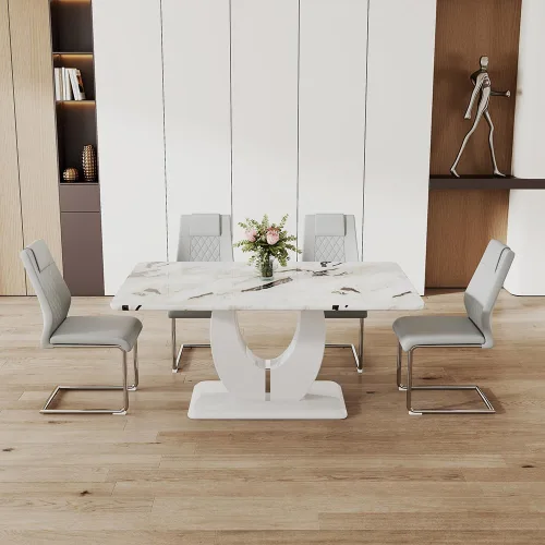 Vista 110 de JUFU Juego de mesa de comedor moderno para 4, juego de mesa de cocina rectangular de 63 pulgadas con mesa de mármol sintético y 4 sillas tapizadas
