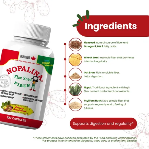 Vista 2 de Nopalina Fórmula de fibra 120 cápsulas Semilla de lino, psyllium, avena y salvado de trigo, Omega 3, 6 y 9 Salud intestinal y regularidad
