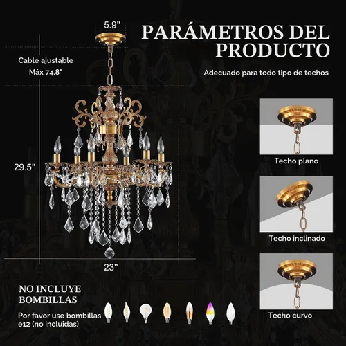 Vista 6 de Candelabros de cristal de bronce antiguo de lujo con lámpara colgante de vela, lámpara de techo de 6 luces de cristal dorado para comedor, sala