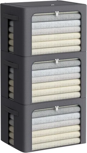 Vista 17 de Paquete de 3 cajas de almacenamiento con marco, bolsas de almacenamiento de ropa, tela Oxford, plegable, apilable, juego organizador con ventana