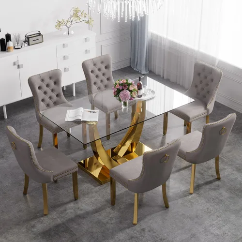 Vista 19 de Juego de mesa de comedor de cristal moderno de mediados de siglo para 4, 63 pulgadas, juego de comedor rectangular grande de lujo con parte superior