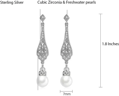 Vista 7 de Frankie Fashions Aretes colgantes de perlas vintage para novias, damas de honor, madre de la novia con impresionantes perlas y circonita cúbica
