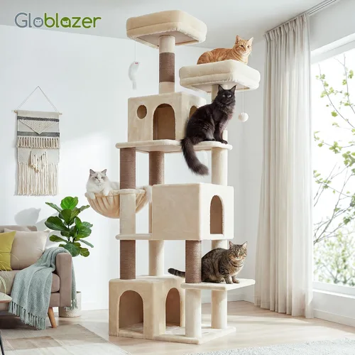 Vista 7 de Globlazer Árbol para gatos alto, torre para gatos de 71 pulgadas para gatos adultos de interior, multinivel, 3 condominios para gatos