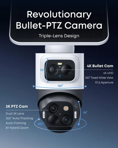 Vista 2 de eufy Security eufyCam S4, kit de 2 cámaras, 4K solar, PTZ de 3 lentes, sistema inalámbrico