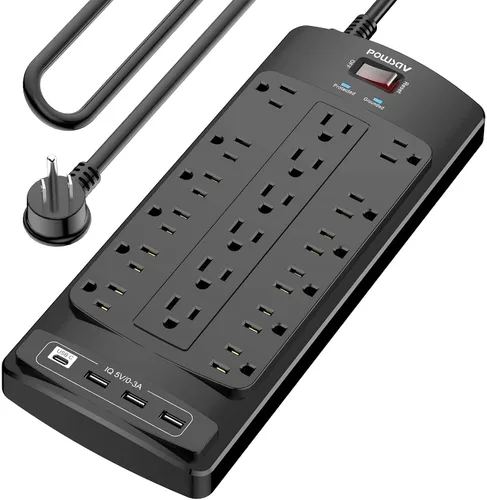 Vista 8 de Regleta protectora de sobretensiones de 18 tomas – Cable de extensión de enchufe plano de 6 pies resistente con 18 tomas amplias y 4 puertos USB