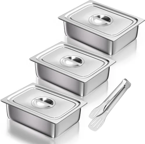 Vista 9 de WantJoin Recipientes Gastronómicos con Tapa 1/1 Tamaño Completo 4 Pulgadas de Profundidad Paquete de 3, Juegos de Bandejas de Metal de Acero