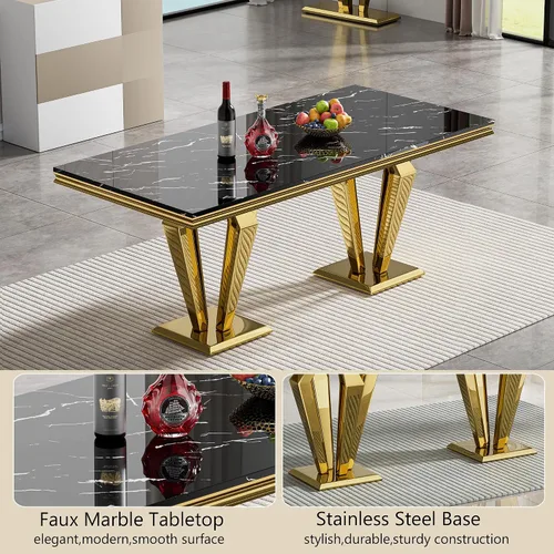 Vista 3 de HomVent - Juego de mesa de comedor de mármol sintético de 68 pulgadas con 4 sillas de terciopelo para cocina Modern Rectangular Faux Marble