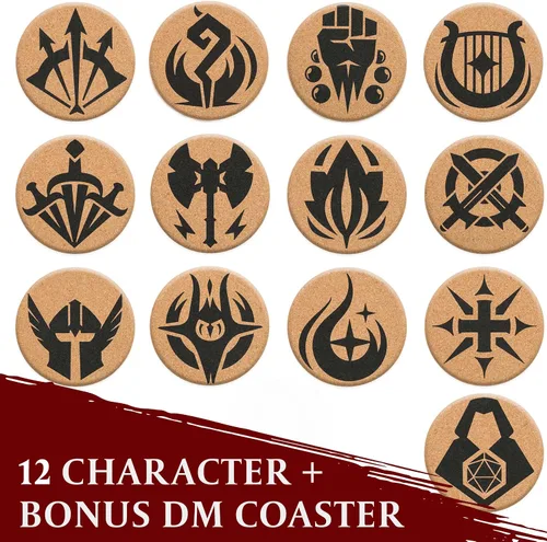 Vista 2 de HQ - Posavasos DND de corcho – Juego de 12 posavasos clase +1 DM Icon – Gran regalo nerd para jugadores de D&D, jugadores, DM, hombres o mujeres
