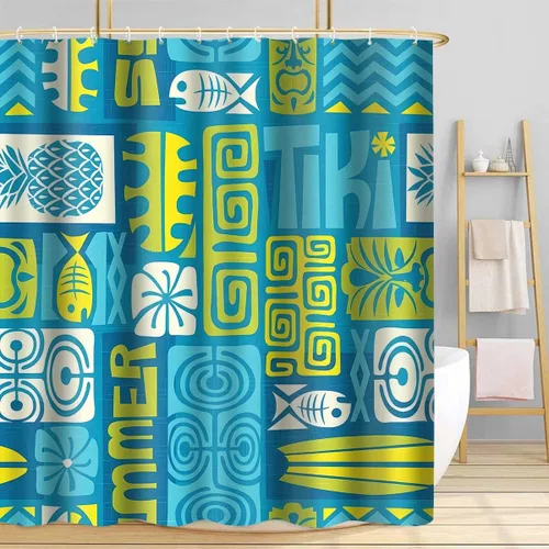 Vista 6 de Hawaii - Cortina de ducha exótica Tiki, 36 x 72 pulgadas, cortinas de ducha retro hawaianas étnicas de pez, piña, estilo tribal Tiki Juego