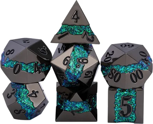 Vista 21 de Dados poliédricos DND de metal, juego de dados metálicos con purpurina a rayas grandes, juego de 7 dados plateados antiguos para juegos de rol
