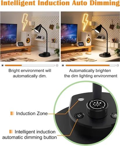 Vista 5 de BOHON. Lámpara de escritorio LED con puerto de carga USB, 3 modos de color, luz de lectura regulable, lámpara de tarea de inducción inteligente