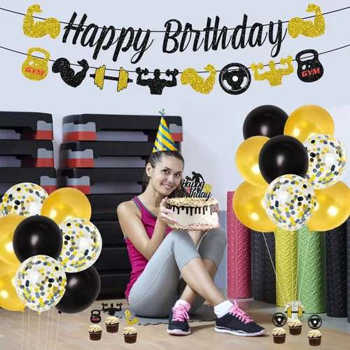 Vista 4 de Decoraciones de fiesta de cumpleaños para gimnasio, decoraciones de fiesta temática de fitness negro y dorado para hombres, suministros de fiesta