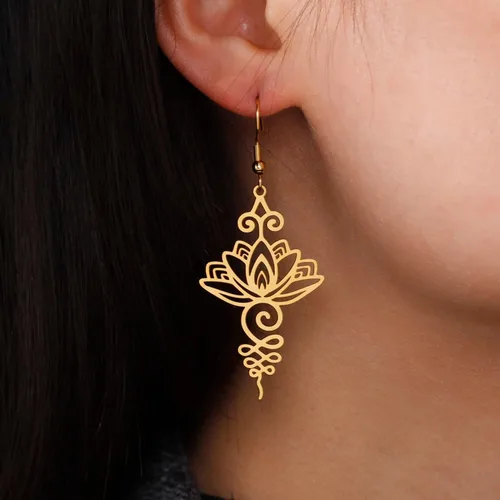 Vista 4 de kkjoy Collar de loto Unalome de acero inoxidable, flor de loto, símbolo de yoga, aretes inspiradores de budismo, joyería para mujeres y niñas