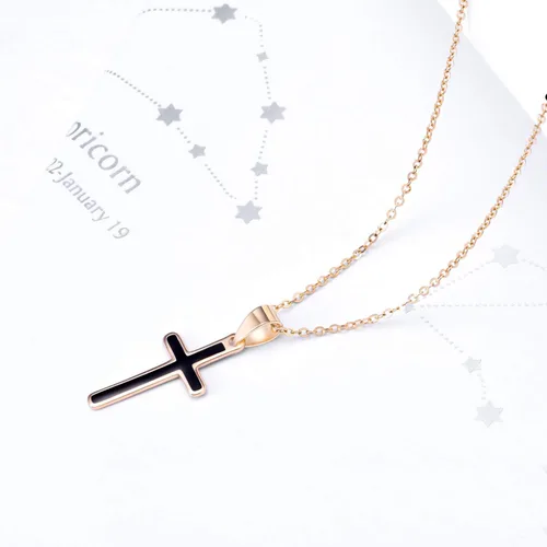 Vista 5 de SISGEM Collar de cruz pequeña negra de oro rosa de 18 quilates para mujeres y adolescentes, regalos de confirmación para ella, 18 pulgadas, Metal