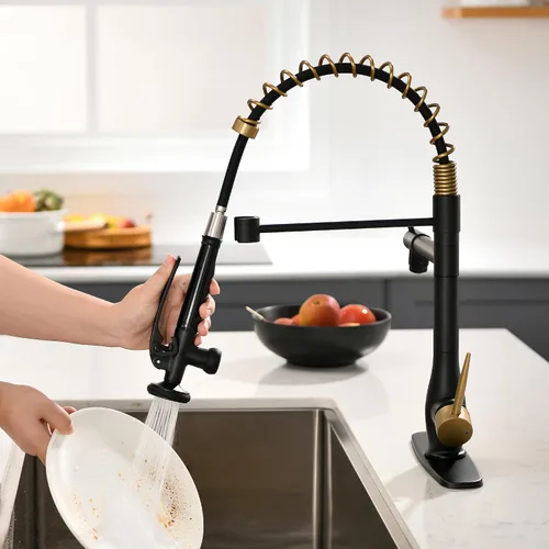 Vista 6 de GIMILI Grifo de cocina negro y dorado con rociador desplegable Grifo de fregadero de cocina de alta presión de una sola manija Grifos de cocina