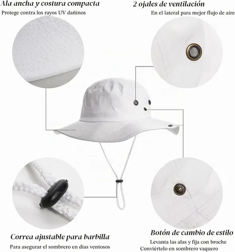 Vista 6 de Sombreros para el sol para hombre con protección UV, ala ancha, sombrero de safari de pesca Blanco