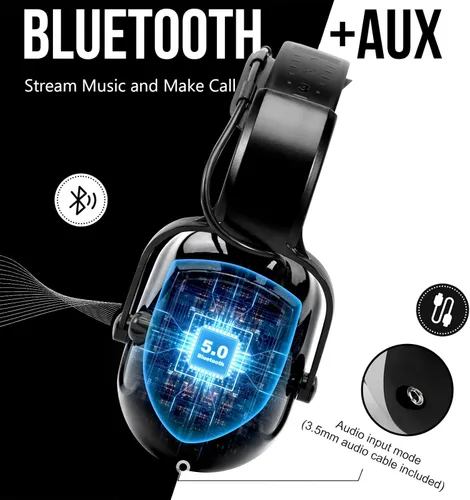 Vista 3 de Orejeras Bluetooth de protección auditiva, protección para los oídos + gafas de seguridad, NRR 25 dB, cancelación de ruido para cortar el césped