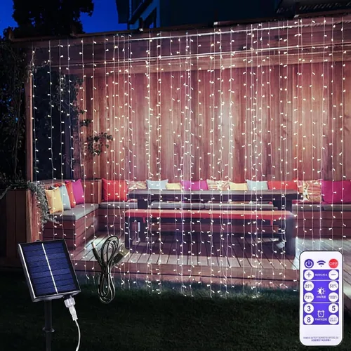 Vista 10 de 300 luces LED solares para cortina, para interiores y exteriores, luces solares de Navidad, para ventana de hadas, impermeables, parpadeantes, 8