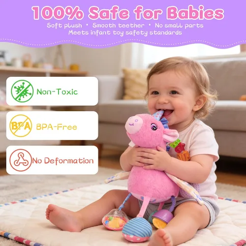 Vista 2 de Asiento de coche y cochecito de juguete para niña, peluche sensorial musical con sonajero y espejo, juguetes para bebés de 0 a 12 meses, juguetes