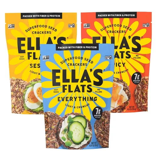 Vista 17 de ELLA'S FLATS® Patatas fritas saladas de todas las semillas, sin gluten, sin azúcar, chip de alto contenido de fibra, aperitivo bajo
