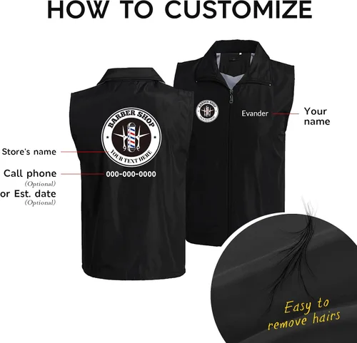 Vista 2 de Chaleco de peluquero personalizado para hombre, ropa de trabajo con logotipo de peluquería personalizada, chaqueta con nombre de peluquero, uniforme