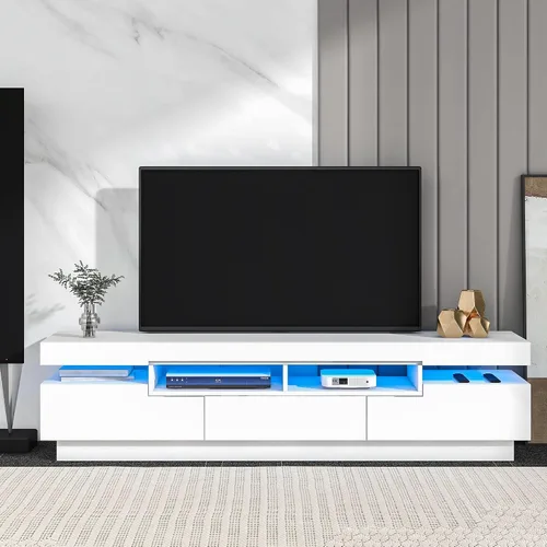 Vista 12 de Soporte de TV versátil de alto brillo con luces LED que cambian de color y 2 estantes de vidrio templado, centro de entretenimiento para televisores