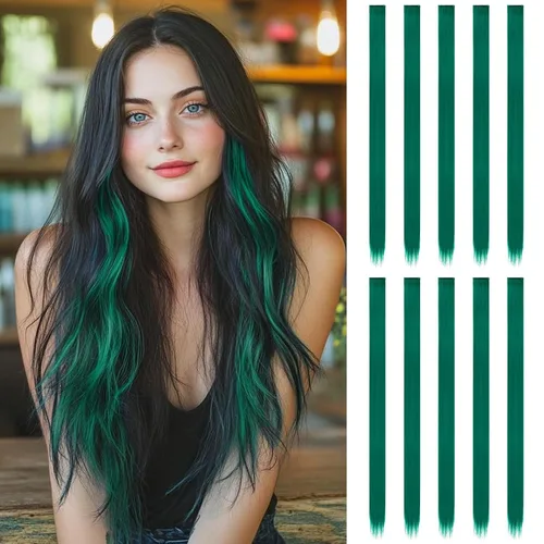 Vista 43 de FESHFEN Juego de 12 extensiones de cabello con clip, color negro, con clip, con purpurina, kit de accesorios coloridos para mujeres, de 20 pulgadas