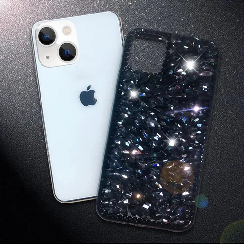 Vista 4 de Funda de lujo con pedrería para iPhone 15, funda de teléfono con purpurina 3D brillante y diamantes, color negro