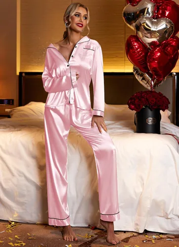 Vista 2 de Ekouaer Conjunto de pijama de satén largo clásico de verano para mujer