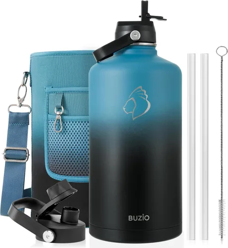 Vista 49 de BUZIO Botella de agua aislada de 24 oz, frasco de agua de boca ancha de acero inoxidable con tapa de pajita, frío durante 48 horas a prueba de Negro