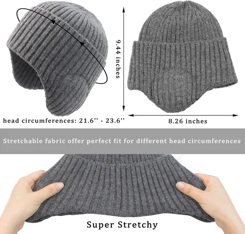 Vista 4 de Muryobao Gorro de invierno para hombre, con puños y orejeras, tejido elástico, gorro de punto para esquí