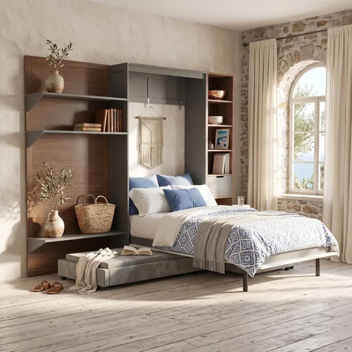 Vista 11 de Cama Murphy de Pared Tamaño Queen con Escritorio en Forma de L, Sofá de 2 Asientos y Luz, Marco de Cama Murphy Tradicional de Madera Maciza