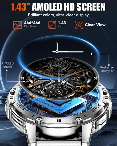 Vista 4 de Relojes inteligentes militares para hombre con llamada Bluetooth, reloj inteligente AMOLED impermeable de 1.43 pulgadas con linterna, 111 modos