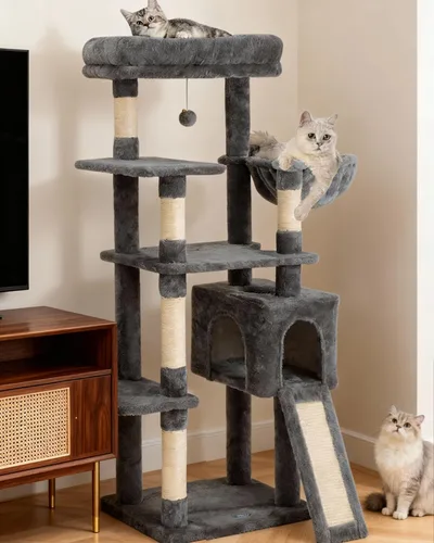 Vista 4 de Árbol para gatos de 54 pulgadas, torre alta para gatos con hamaca, condominio y almohadilla para rascar, casa para gatos con percha de felpa