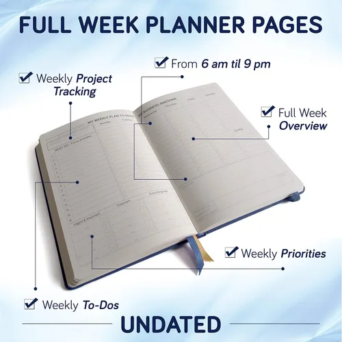 Vista 2 de Planificador de negocios sin fecha para emprendedores. Cuaderno de proyectos de enfoque para la productividad. Planificador diario semanal