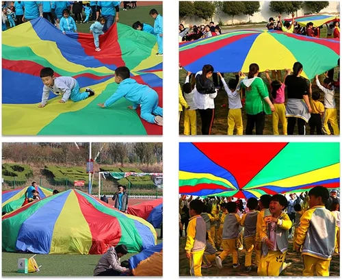 Vista 6 de Paracaídas arcoíris de 6.5 pies/10 pies/12 pies/13 pies/16.4 pies/20 pies para juegos de fiesta al aire libre, juegos de equipo cooperativo