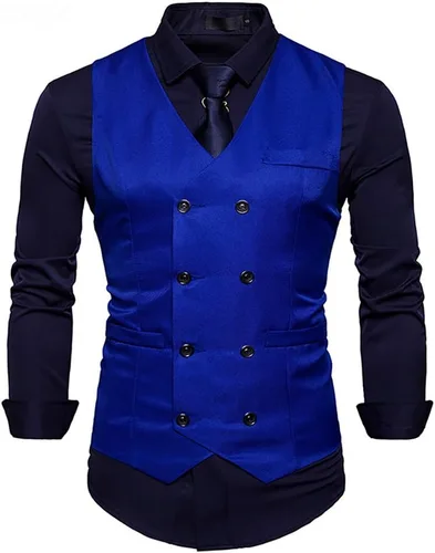 Vista 4 de Cloudstyle Chaleco para hombre, doble botonadura con cuello en V, ajustado, chaleco formal para negocios, chaleco de negocios Café