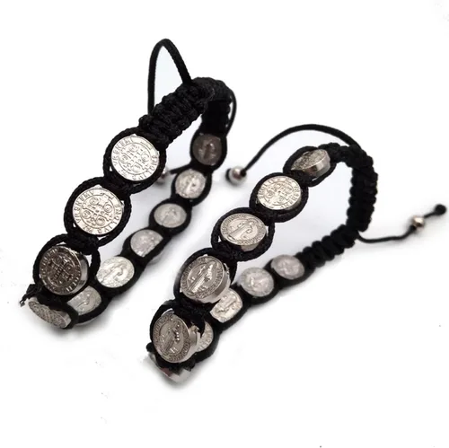 Vista 3 de Pulsera de cordón de San Benito, pulsera de protección de cordón de Benito, pulsera ajustable con medalla rosario, regalos católicos, suerte