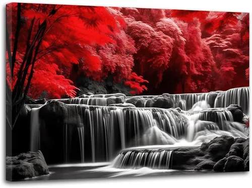 Vista 7 de ZHOUWALLPIC Lienzo de árbol rojo para pared, diseño de bosque rojo y negro, impresiones de imágenes de paisajes de niebla grande, decoración