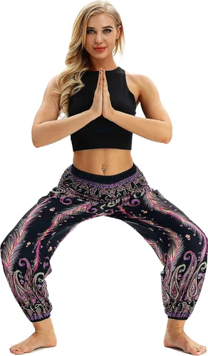 Vista 6 de Plustrong Pantalones tipo harén de cintura fruncida para mujer, estilo hippie, bohemio, para yoga, palazzo, pantalones casuales con bolsillos